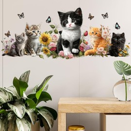 SMAOSTORE Wall Sticker, Cute Cat Sticker, Stylish, Flowers, Butterfly, Animals, Children, Room, Bedroom, Kindergarten, Classroom, Background, Waterproof, Removable, Wall Paper, Wallpaper
