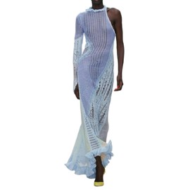 Womens Summer Halter Neck Knitted Dress Solid Color Crochet Backless Sleeveless Mini Dress Y2K 90s E-Girl Streetwear (Blue Maxi Dress, One Size)