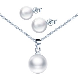 CPSLOVE Sterling Silver Women's Pearl Jewellery Set, Colour Pearl Necklace Pendant and Pearl Stud Earrings, Stylish Elegant Pearl Necklace Earrings Set, Sterling Silver, Pearl