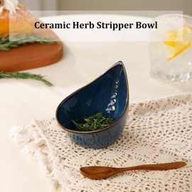 Herb Stripper Bowl, Ceramic Herb Peeling Bowl, Kitchen Herbs Leaf Stripping Tool, Pottery Herb Peeler for Thyme, Basil, Rosemary, Parsley, Oregano, Cilantro Stripper (Blue)