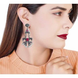 Designer Indian Ethnic Brass Pearl Stone Deer Traditional Silver Oxidized Boho Gypsy Tribal Dangle Earrings Jewelry Women (PINK)