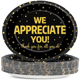 50 Pcs We Appreciate You Party Plates Thank You Paper Plate, Large 11 Inch Black and Gold Appreciation Week Dessert Tableware for Employee Volunteer Teacher Doctor Staff Thank You Party Decorations