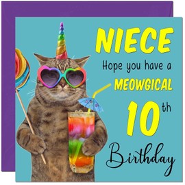 10th Niece Birthday Card - Meowgical Cat Funny Niece's Birthday Card for 10 Year old Kids ten, tenth