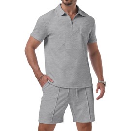 Askdeer Mens Short Sets 2 Piece Summer Track Suits Short Sleeve Sweatsuit Outfits 1/4 Zip Golf Polo Shirts Loungewear Gray