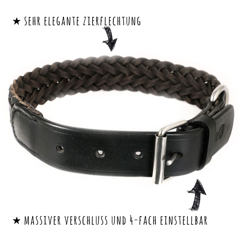 Leather Dog Collar in smooth cow leather in black plaited