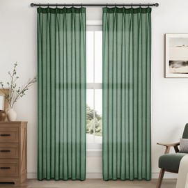 MRTREES Curtains Dark Green Transparent Curtains Ruffle Tape Stores Curtains Short 225 x 140 cm (H x B) Tab-Top Curtains Set of 2 Linen Look Curtains for Living Room Bedroom Kitchen Window