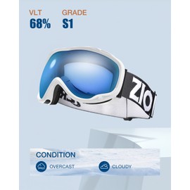 ZIONOR Lagopus Ski Snowboard Goggles UV Protection Anti fog Snow Goggles for Men Women Adult Youth VLT 68% White Frame Clear Blue Lens
