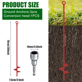 Lasnten 3 Pcs 30 Inch Heavy Duty Ground Anchor Spiral Blade Earth Anchor Kit Metal Anchor Hook Beach Sand Stakes Camping for Securing Animals, Shelters, Tents, Canopies (Red)