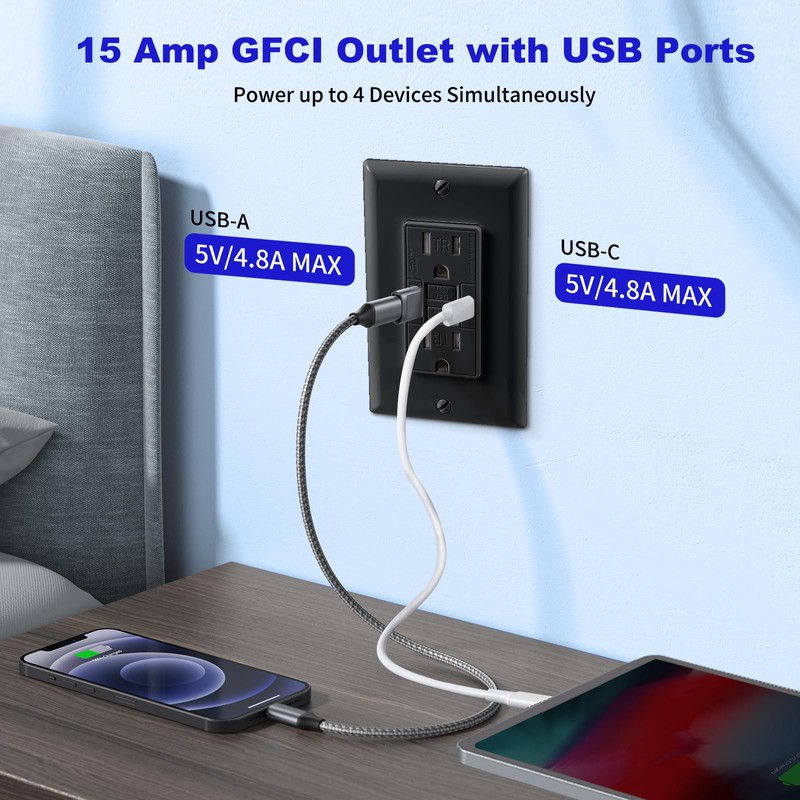 Suplevel 15 Amp Self-Test GFCI Outlet Combination with USB Type