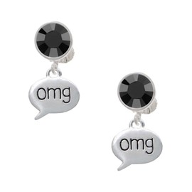 Delight Jewelry Silvertone Text Chat - omg - Oh My God - Large Black Crystal Clip on Earrings