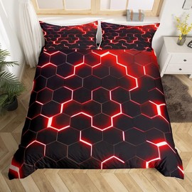 Homewish Honeycomb Bedding Set Single,Red Black Geometric Duvet Cover Neon Glitter Hexagon Geometry Comforter Cover For Kids Boys Teen Men Soft Lightweight Quilt Cover Bedroom Dorm Decor