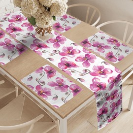 ABAKUHAUS Watercolor Table Runner & 4 Piece Placemats, Blooming Orchid Branches Spring Time Feng Shui Inspired Bouquet Table Decoration Set, 180 x 40 cm, Light Orange Fuchsia Cocoa