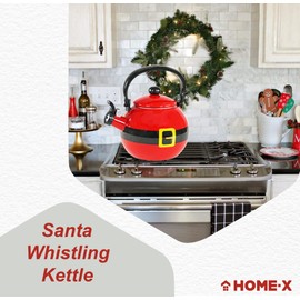 Home-X Santa Claus Whistling Tea Kettle - Porcelain Coated Stainless Steel Tea Kettle for Boiling Water - Cute Red Teapot for Stovetop - 2-Liter Capacity, 9"L x 7"W x 9"H Whistling Teapot
