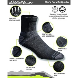 Eddie Bauer Men's Socks Dura Dri Moisture Control 6-Pair Quarter Socks, Black (6 Pairs), Large