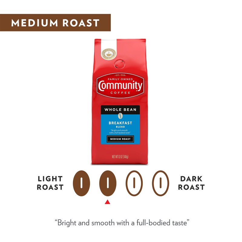 Community Coffee Breakfast Blend Whole Bean Coffee, Medium Roast, 12