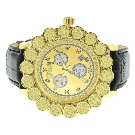 ICE HOUSE Canary Gold Tone Pave Flower Cluster Bezel Mens Real Diamond Analog W/Date Watch