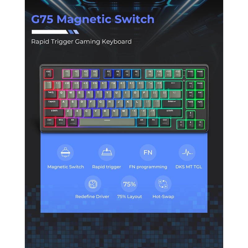 OHY 75 Percent Rapid Trigger Gaming Keyboard, XVX G75 Wired
