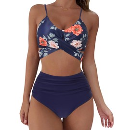 RXRXCOCO Women's Wrap Push Up Bikini Top with Tummy Control High Waist Bikini Set Swimwear, Flower Blue