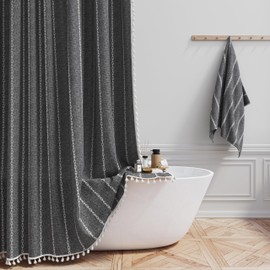 BTTN Boho Farmhouse Shower Curtain - Linen blend Rustic Striped Fabric Shower Curtain Set with Tassel, Water Repellent, Bohemian Vintage Country Cloth Shower Curtain for Bathroom, Charcoal Grey, 72x72