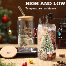 Teenyyou 12 Set of Christmas Glasses with Bamboo Lid and Glass Straw 16 oz Christmas Drinking Cup Beer Iced Coffee Cup Xmas Tumbler Mugs for Women Men Holiday Party Office Gifts