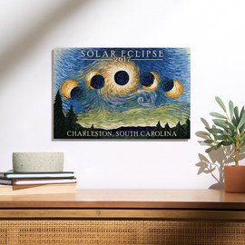 Lantern Press 12x18 Inch Premium Wood Sign, Ready to Hang Wall Decor, Charleston, South Carolina, Solar Eclipse 2017, Starry Night