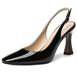 SKYSTERRY Women's Slingback Black Patent 3.3 Inch High Heel Slip On Square Toe Casual Spool Dating Pumps Shoes Size 10 - Zapatos Finos de Mujer de Tacon