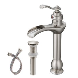 BWE Vessel Sink Faucet Waterfall Brushed Nickel with Pop Up Drain Assembly and Supply Hose Lead-Free Single-Handle Single Hole Bathroom Faucet Lavatory Mixer Tap Tall Body