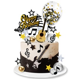 31 piezas de decoración para tartas de guitarra, notas musicales, decoraciones para tartas para músico, fiesta de cumpleaños, fiesta temática de roca (negro)