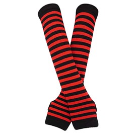 B-HOT Warmer Fingerless Gloves Stretchy Knit Thumb Hole Sun Protection Long Arm Stripe Glove Red/Black