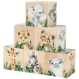 FYSUIMU 6 Pcs Jungle Animal Nursery Decoration Watercolor Safari Wooden Box Blocks Cartoon Woodland Party Shelf Decor for Kindergarten Birthday Baby Shower