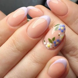 Light Purple Press on Nails - Short Almond Fake Nails,White Purple Flower False Nails | Full Cover Glossy Acrylic Nails,Stick on Nails for Women | Spring Summer Nail Art Decoration | 12 Sizes-24PCS