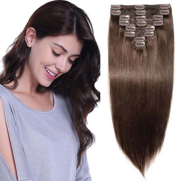 Elailite Clip-In Extensions, Real Hair, 50 cm, Straight, Natural Hair, 150 g, Remy Real Hair Extensions, #2 Dark Brown, 8-Piece Set