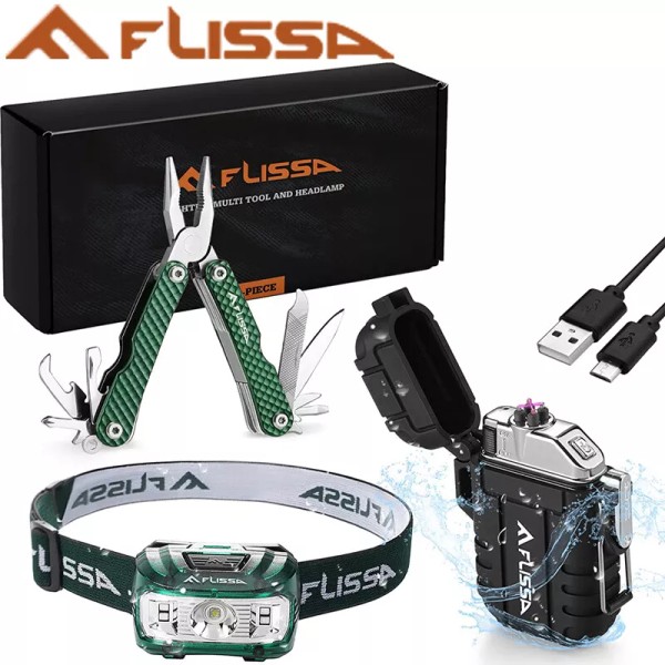Flissa 3PCS Waterproof LED Headlamp & Windproof Lighters 12 in