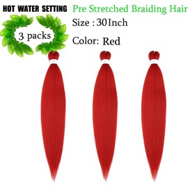Pre Streched Braiding Hair Extensions 30 Inch 3 Packs Red Synthetic Colored Braiding Hair Crochet Braids Hair Hot Water Setting Soft Yaki Texture (30",Red)