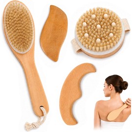 Kit de Cepillos Corporales de Cerdas Naturales y Gua Sha de Madera 4 en 1