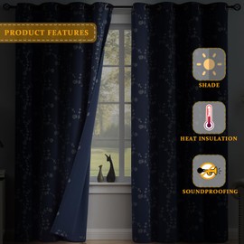 Fragrantex Blue Floral Blackout Curtains 63 Inch Length 2 Panels Set for Bedroom Living Room, Rose Patterned Print Thermal Insulated Room Darkening Window Drapes, Grommet Top, 52" x 63"