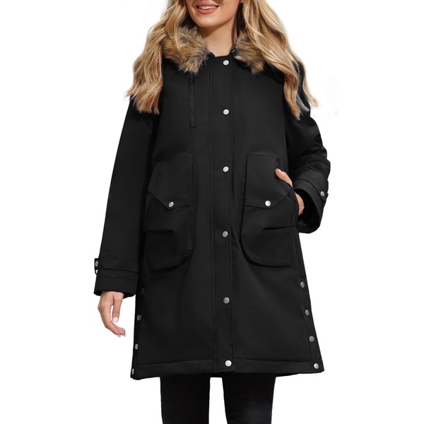Maternity Winter Coat Fleece Lined Coat Winter Warm Hooded with Pockets Black L
