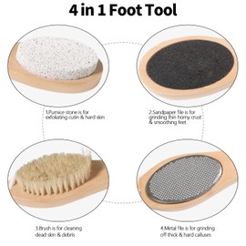 Beomeen Pumice Stone Brush for Feet 4 in 1, Wooden Foot File Callus Remover, Foot Rasp and Sand Paper Pedicure Tools with Handle, Shower Foot Scrubber, Soft Smooth Feet for Home Foot Care