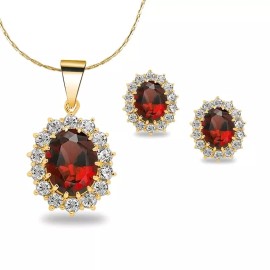 Paris Jewelry 18K Yellow Gold Created Red CZ Round 1 Carat Oval Necklace Plated 18 Inch