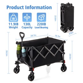 HCDHWYP Collapsible Heavy-Duty Wagon Cart with PVC Wheels, Portable Folding Outdoor Utility Wagon for Sports, Garden, Grocery Shopping,Camping, Transportation,Hauling (130L)