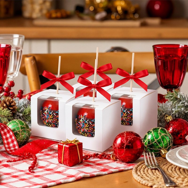 100 Pcs 4"x4"x4" Caramel Apple Boxes with Window, Base, Sticks
