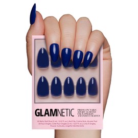 Glamnetic Press On Nails - Midnight Blue | Opaque Dark Navy Blue Short Almond False Nails, Reusable Stick On Fake Nails with Glue | Salon Quality | 15 Sizes - 30 Nail Kit