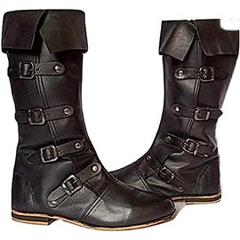 Medieval Leather Boots With 4 Buckles | Viking Loafar Boots For SCA Larp | Renaissance Pirate Costume Boots For Mans (numeric_12),Black