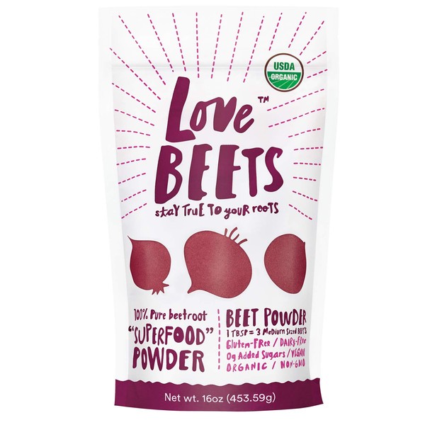 Love Beets Polvo de remolacha orgánica | remolacha cultivada en Estados Unidos, sin ingredientes añadidos, refuerzo de óxido nítrico, certificado USDA orgánico, sin azúcar añadido, sin conservantes, sin OMG, 1 libra, 90 porciones