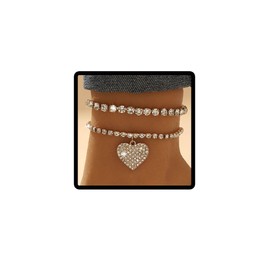 Wedity Double Layer Crystal Anklets Layered Love Bling Ankle Bracelets Summer Beach Foot Accessories Jewelry for Women Girls (Gold)