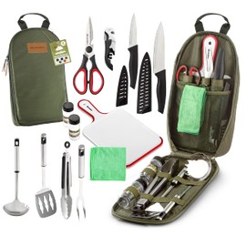 12 Piece Camp Kitchen Cooking Utensil Set Travel Organizer Grill Accessories Portable Compact Gear for Backpacking BBQ Camping Hiking Travel Cookware Kit Water Resistant Case (Green)