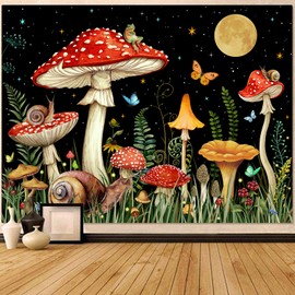 Zussun Red Mushroom Tapestry Moon Star Tapestries for Bedroom Aesthetic Starry Night Green Plant Tapastrys Wall Hanging Butterfly Snail Frog Wall Tapestry for Living Room Dorm (Black, 80" x 60")