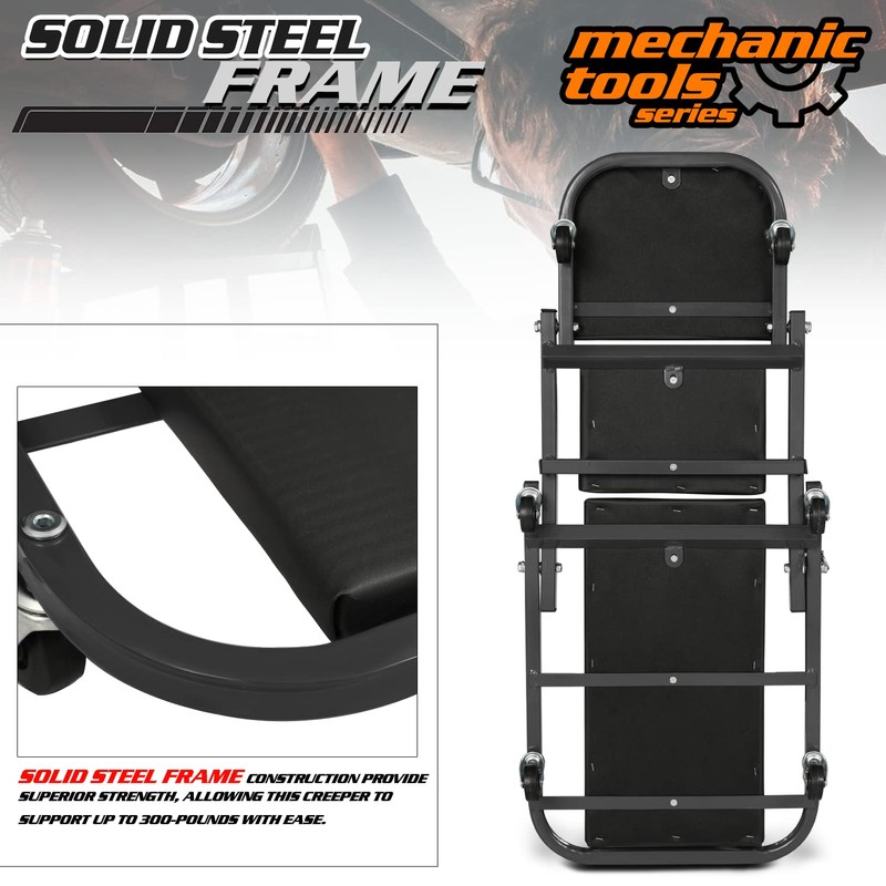 M-AUTO 40-Inch Folding Creeper Rolling Seat, All-in-One Adjustable Roller Garage
