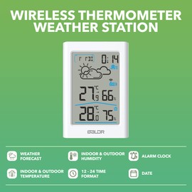 BALDR Wireless Digital Weather Station Clock- Indoor Outdoor Thermometer Wireless Home Weather Station with Temperature Monitor, Humidity Guage, Time & Date - White Backlight LCD Display, White
