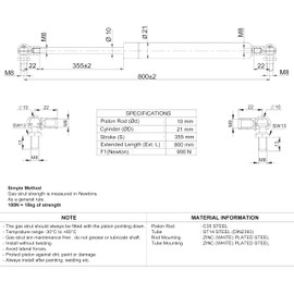 Generic Universal Gas Struts Spring Ball Joint | 100-1000 Newton | Length Options 200 mm to 900 mm | Heavy-Duty | Lift Support System (800MM, 900 N)
